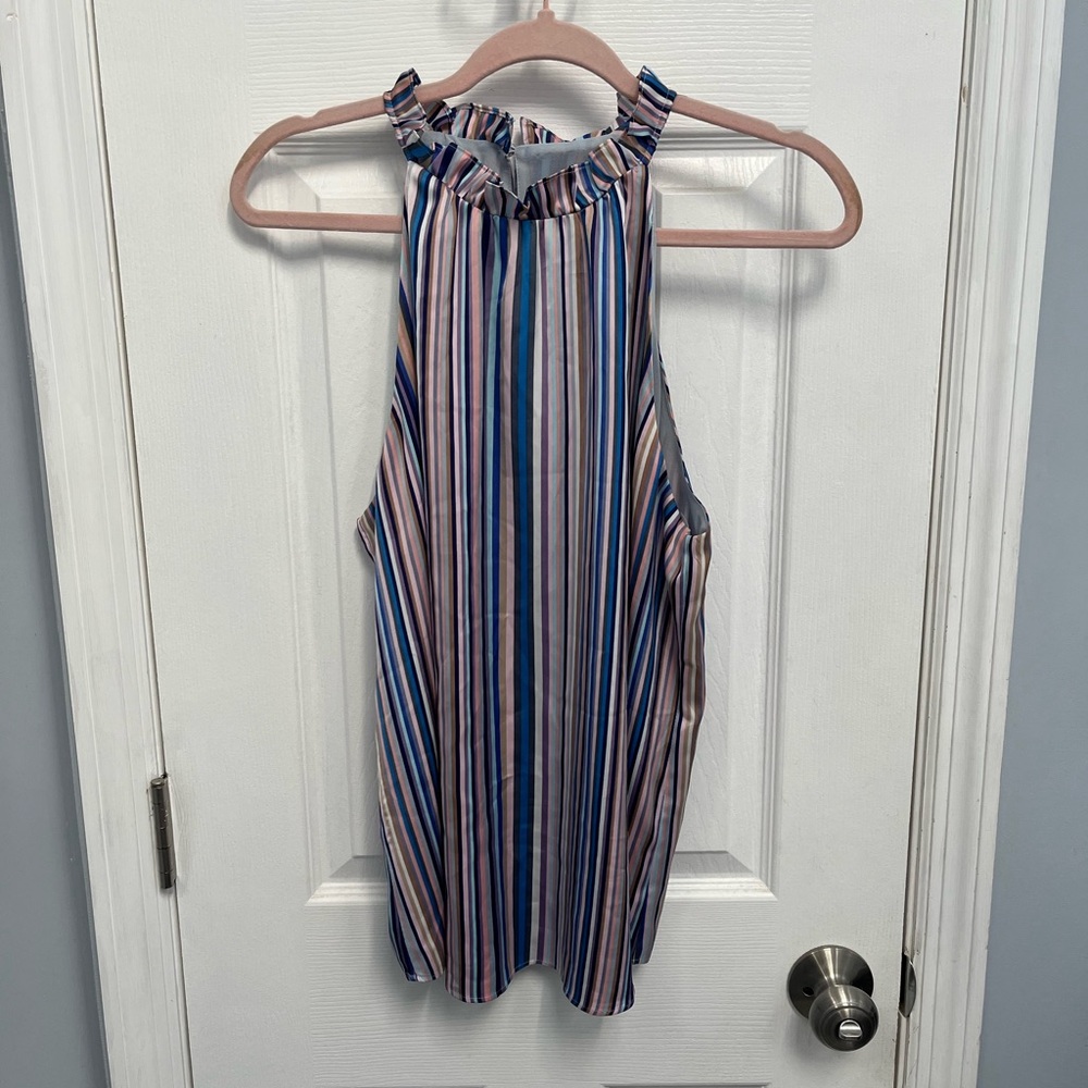 White House Black Market Tank Womens 8 pink Blue Striped Halter Sleeveless Lined